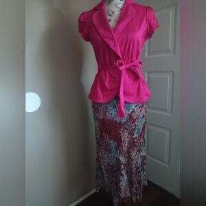 2pc denim/crate shirt w pink button-up satin wraparound blouse. That has pockets